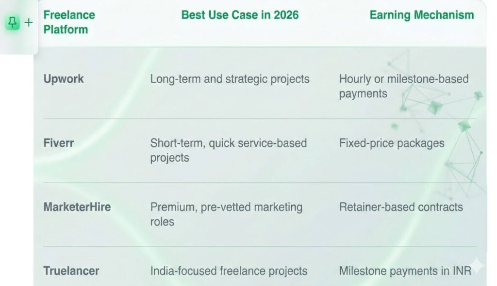 Digital marketing freelancing platforms in 2026 including Upwork, Fiverr, MarketerHire and Truelancer with earning models and best use cases.