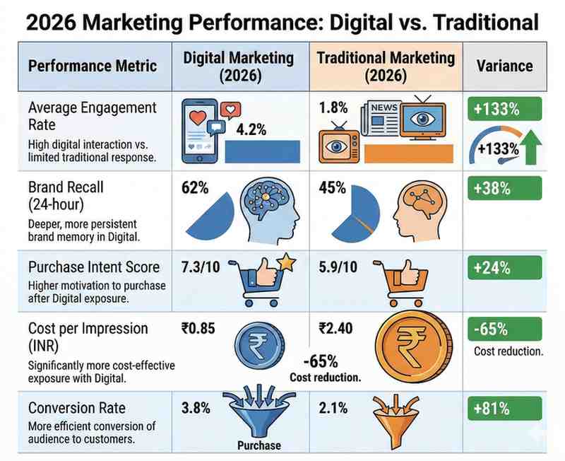 Infographic comparing digital marketing vs traditional media marketing in 2026, showing higher engagement, brand recall, conversion rate, and lower cost per impression for digital marketing.