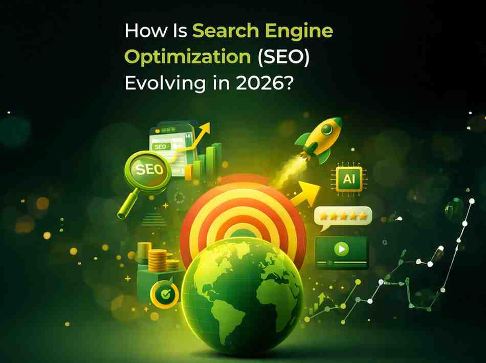 Illustration showing how search engine optimization (SEO) is evolving in 2026 with AI-driven search, global reach, and performance growth.