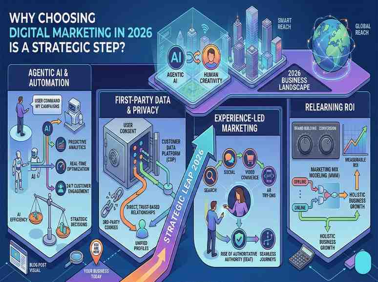 Infographic explaining why choosing digital marketing in 2026 is a strategic step, covering agentic AI, first-party data, privacy, experience-led marketing, and measurable ROI.
