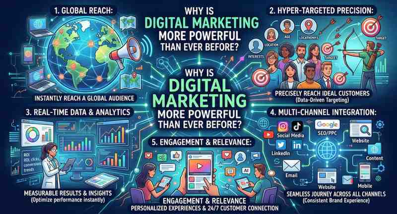 Infographic explaining why digital marketing is more powerful than ever before in 2026, highlighting global reach, hyper-targeted precision, real-time analytics, multi-channel integration, and personalized engagement.