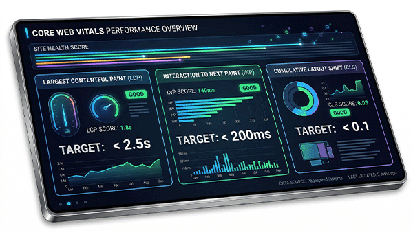 Core Web Vitals dashboard showing LCP INP and CLS metrics for technical SEO performance