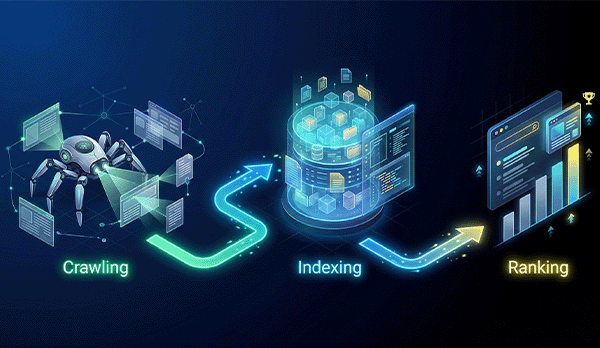 How SEO works showing crawling indexing and ranking process in search engines