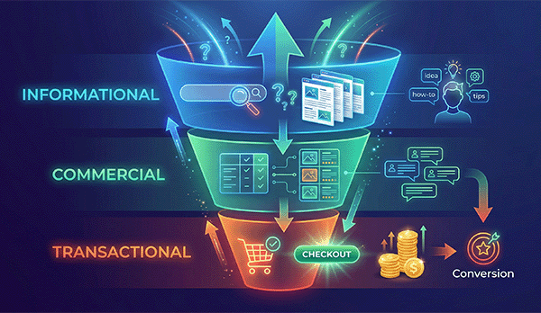 Keyword funnel showing informational commercial and transactional search intent in SEO