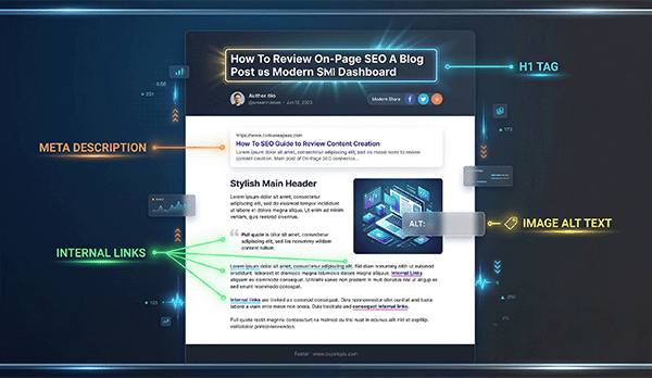 On page SEO checklist showing H1 tag meta description internal links and image alt text optimization