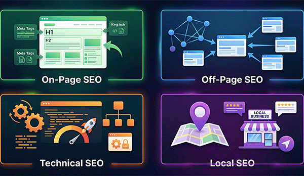 Types of SEO including on-page SEO off-page SEO technical SEO and local SEO explained visually